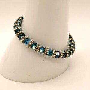 Blue Crystal Bead Bracelet Rhinestone Spacers Silver Tone Heart Toggle‎ Clasp